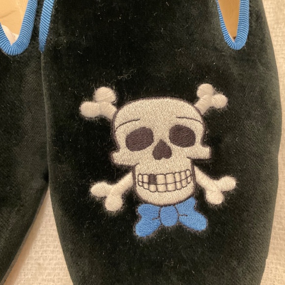 Stubbs & Wootton Skull Blue Bow Tie Black Velvet Loafer Slipper Mens Shoes Sz 13 - Picture 12 of 12